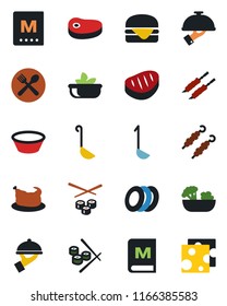 Color and black flat icon set - cafe vector, menu, salad, plates, waiter, chicken, steak, kebab, hamburger, ladle, bowl, sushi, cheese