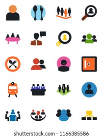 Color and black flat icon set - spoon and fork vector, train, checkroom, speaking man, team, meeting, patient, group, user, company, client search, consumer, hierarchy