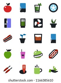 Color and black flat icon set - hot cup vector, seedling, plant label, diet, fridge, drink, phyto bar, bacon, kebab, dog, apple fruit, fan, palm sproute