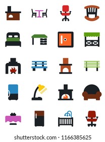 Color and black flat icon set - cafe vector, checkroom, desk, bench, fireplace, office chair, lamp, bedroom, children room, cushioned furniture, restaurant table, alcove, fridge