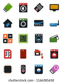 Color and black flat icon set - washer vector, calculator, monitor, phone back, sim, smart home, credit card, control, chip, remote, router, usb flash