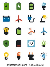 Color and black flat icon set - bulb vector, battery, low, protect, charge, desk lamp, windmill, socket, power plug, energy saving, idea