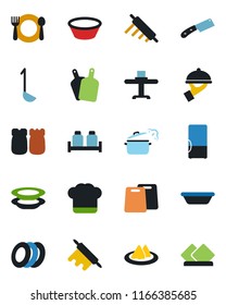 Color and black flat icon set - fridge vector, restaurant table, serviette, cafe, cook hat, plates, waiter, salt and pepper, ladle, bowl, rolling pin, cutting board, knife, steaming pan