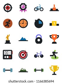 Color and black flat icon set - pedestal vector, medal, barbell, bike, run, heavy, stopwatch, clock, target, mountains, award cup