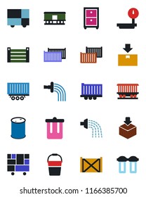 Color and black flat icon set - trash bin vector, bucket, watering, railroad, truck trailer, cargo container, consolidated, package, oil barrel, heavy scales, archive box, water filter