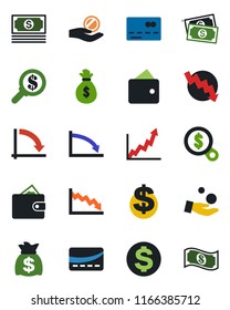 Color and black flat icon set - credit card vector, dollar sign, money bag, crisis graph, cash, wallet, growth, search, investment