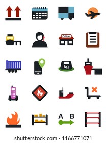 Color and black flat icon set - store vector, plane, office phone, support, mobile tracking, sea shipping, truck trailer, term, port, consolidated cargo, clipboard, up side sign, no trolley, heavy