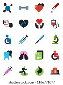 Color and black flat icon set - heart vector, pulse, diagnosis, molecule, syringe, blood pressure, dropper, microscope, scalpel, barbell, run, disabled, hand, stomach, lungs, tooth, hospital