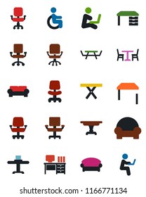 Color and black flat icon set - cafe vector, waiting area, office chair, desk, picnic table, disabled, cushioned furniture, restaurant, man with notebook