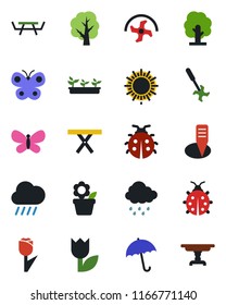 Color and black flat icon set - umbrella vector, sun, flower in pot, ripper, tree, butterfly, lady bug, seedling, rain, plant label, picnic table, tulip