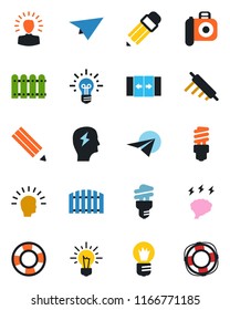 Color and black flat icon set - automatic door vector, brainstorm, bulb, camera, pencil, fence, rolling pin, energy saving, shining head, idea, paper plane, crisis management