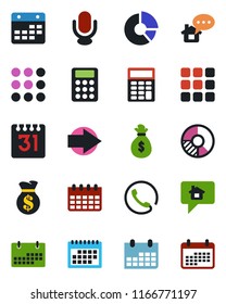 Color and black flat icon set - right arrow vector, calendar, circle chart, microphone, menu, calculator, phone, home message, money bag