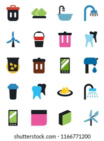 Color and black flat icon set - trash bin vector, shower, bucket, tooth, mobile, blank box, water supply, bathroom, serviette, filter, windmill