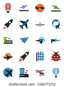 Color and black flat icon set - plane vector, departure, arrival, boarding, helicopter, seat map, globe, airport building, lady bug, rocket, paper, air balloon