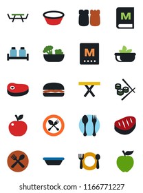 Color and black flat icon set - spoon and fork vector, picnic table, cafe, menu, salad, salt pepper, steak, hamburger, bowl, sushi, apple fruit