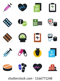 Color and black flat icon set - heart pulse vector, diagnosis, syringe, blood pressure, pills, blister, tomography, real, clipboard, hospital