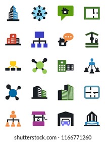 Color and black flat icon set - hierarchy vector, well, molecule, hospital, office building, garage, plan, home message