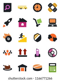 Color and black flat icon set - airport bus vector, document search, notebook pc, circle chart, house, pills, patch, broken bone, office phone, clock, cargo, up side sign, warehouse, shield, chicken