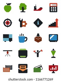 Color and black flat icon set - dispatcher vector, growth statistic, pennant, tree, sea shipping, cargo container, consolidated, package, tv, hdmi, mail, root setup, target, coffee, credit card