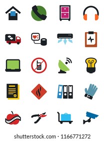 Color and black flat icon set - baggage trolley vector, no mobile, pruner, glove, blood pressure, pulse clipboard, diet, warehouse storage, satellite antenna, headphones, call, paper binder, moving