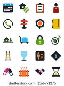 Color and black flat icon set - baggage trolley vector, elevator, handshake, notepad, stamp, ladder, pills, signpost, fragile, calendar, music, clipboard, house with tree, lock, heater, phone