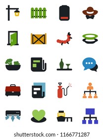 Color and black flat icon set - hierarchy vector, garden light, caterpillar, sprayer, heart, sea port, container, news, dialog, low battery, case, fence, alcohol, salad, plates, dress code, door