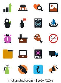Color and black flat icon set - alarm clock vector, no smoking, passport, speaking man, growth statistic, flower in pot, fireplace, garden sprayer, heart diagnostic, joint, car delivery, laptop pc