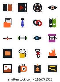 Color and black flat icon set - plane vector, book, well, barbell, eye, no hook, flammable, reel, camera, chain, gallery, folder, video, document, tie, beer, salt and pepper, pass card, schedule