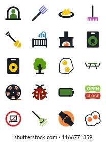 Color and black flat icon set - no laptop vector, reception, job, farm fork, rake, tree, lady bug, picnic table, joint, reel, speaker, battery, children room, fireplace, serviette, open close