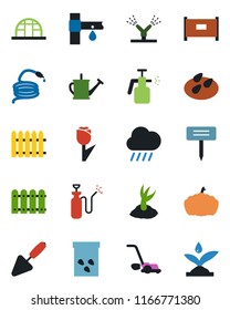 Color and black flat icon set - fence vector, trowel, watering can, sproute, lawn mower, rain, hose, plant label, pumpkin, greenhouse, seeds, garden sprayer, drip irrigation, tulip