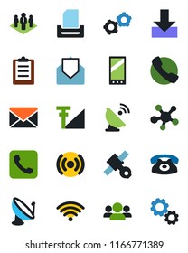 Color and black flat icon set - gear vector, mail, satellite, antenna, share, mobile, call, download, cellular signal, clipboard, paper tray, company, wireless, phone, group
