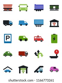 Color and black flat icon set - airport bus vector, parking, ladder car, ambulance, route, railroad, truck trailer, delivery, heavy scales, garage, gate control, battery