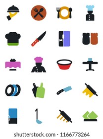 Color and black flat icon set - fridge vector, cook, restaurant table, cafe, hat, plates, waiter, salt and pepper, ladle, bowl, rolling pin, cutting board, knife, serviette