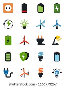Color and black flat icon set - battery vector, low, protect, charge, desk lamp, windmill, socket, power plug, bulb, energy saving, idea