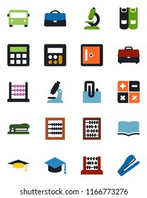 Color and black flat icon set - airport bus vector, checkroom, book, calculator, graduate, abacus, microscope, case, paper clip, stapler