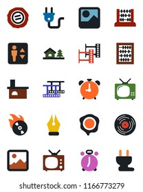 Color and black flat icon set - elevator vector, alarm clock, abacus, stamp, fireplace, film frame, vinyl, flame disk, gallery, ink pen, house with tree, tv, power plug