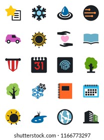 Color and black flat icon set - sun vector, book, pennant, tree, heart hand, network, favorites list, calendar, fingerprint id, copybook, pond, snowflake, water, car, office building
