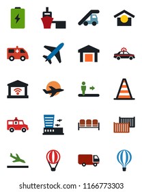 Color and black flat icon set - plane vector, arrival, escalator, waiting area, alarm car, ladder, border cone, airport building, ambulance, cargo container, delivery, sea port, warehouse storage