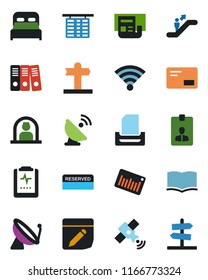 Color and black flat icon set - satellite antenna vector, escalator, reception, flight table, identity card, book, pulse clipboard, signpost, barcode, mail, notes, wireless, news, paper binder, tray