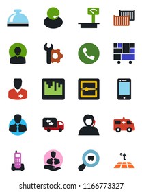 Color and black flat icon set - phone vector, reception bell, ambulance car, doctor, office, support, client, cargo container, consolidated, heavy scales, search, cell, scanner, root setup, moving