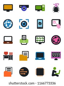 Color and black flat icon set - desk vector, printer, monitor pulse, virus, folder document, network, laptop pc, chip, web camera, home control app, eye scan, man with notebook