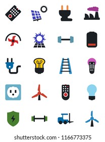 Color and black flat icon set - fork loader vector, bulb, factory, ripper, ladder, barbell, remote control, low battery, protect, sun panel, windmill, socket, power plug