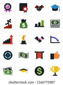 Color and black flat icon set - handshake vector, growth statistic, dollar sign, pedestal, medal, graduate, money bag, cash, finger up, sertificate, bar graph, target, career ladder, pennon, crisis