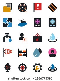 Color and black flat icon set - bomb in case vector, passport, wind, luggage storage, water drop, pond, pills blister, patient, important flag, folder document, reel, application, root setup, target