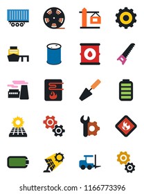 Color and black flat icon set - fork loader vector, gear, factory, trowel, saw, truck trailer, sea port, flammable, oil barrel, reel, battery, root setup, sun panel, crane, water heater
