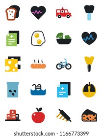 Color and black flat icon set - seeds vector, heart pulse, diagnosis, ambulance car, bike, lungs, implant, hospital, pool, salad, bread, rolling pin, omelette, apple fruit, cheese