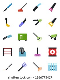 Color and black flat icon set - safe vector, farm fork, rake, wheelbarrow, pruner, saw, hoe, garden knife, scalpel, oil barrel, rack, paper clip, ladle, radiator