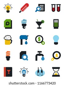 Color and black flat icon set - document search vector, bulb, blood test vial, thermometer, ampoule, water supply, client, wine card, drink, cocktail, beer, energy saving, money, idea, sand clock