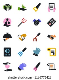 Color and black flat icon set - passport vector, handshake, document, garden fork, farm, glove, saw, heart hand, client, fingerprint id, waiter, remote control, palm sproute, contract
