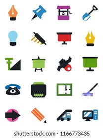 Color and black flat icon set - right arrow vector, ladder car, presentation board, bulb, shovel, rake, well, satellite, hdmi, cellular signal, drawing pin, ink pen, pencil, plan, phone, rolling, pc